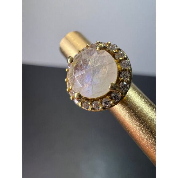 Rainbow moonstone halo stud gold over silver earrings - Picture 2 of 11